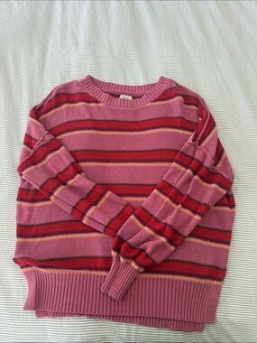 BDG Pink and Red Striped V-Neck Knit Sweater